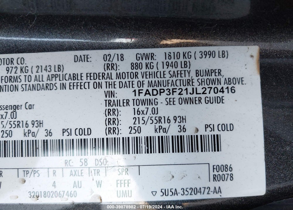 2018 FORD FOCUS SE VIN: 1FADP3F21JL270416