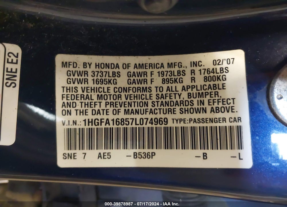 2007 HONDA CIVIC EX VIN: 1HGFA16857L074969