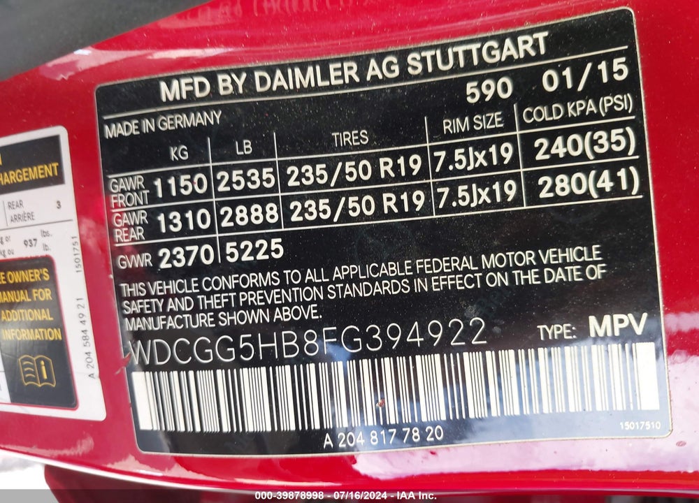 2015 MERCEDES-BENZ GLK 350 VIN: WDCGG5HB8FG394922