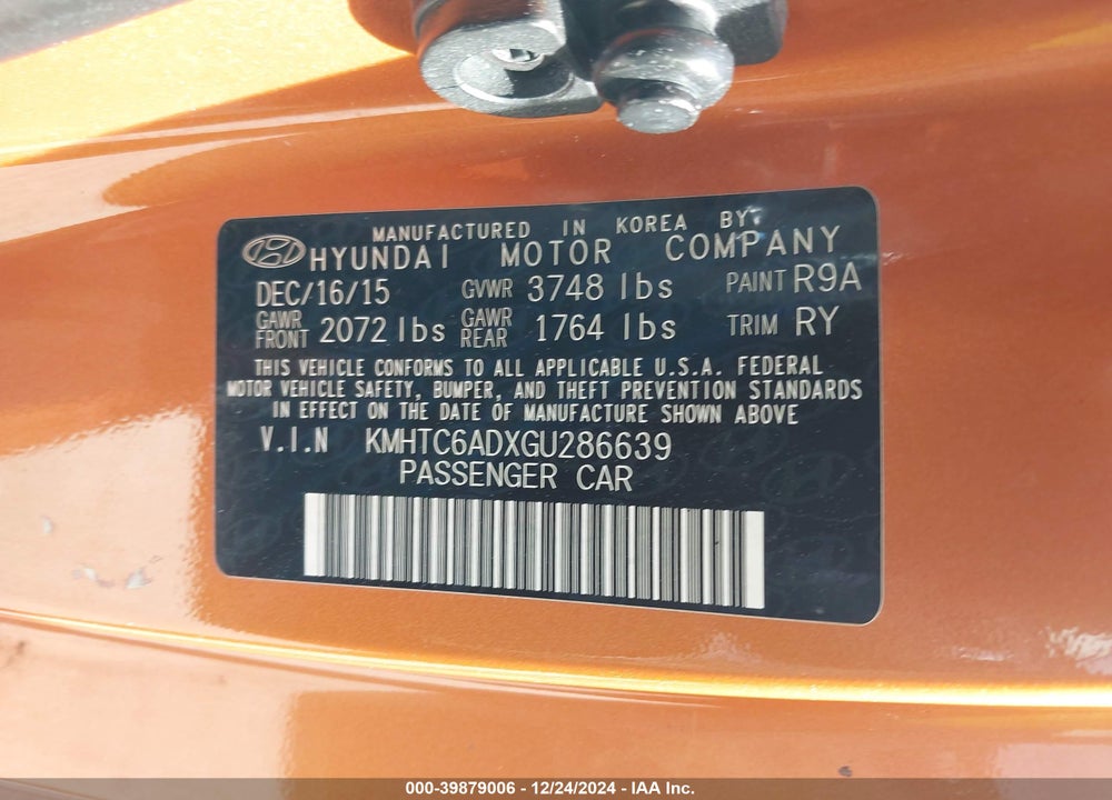 2016 HYUNDAI VELOSTER VIN: KMHTC6ADXGU286639