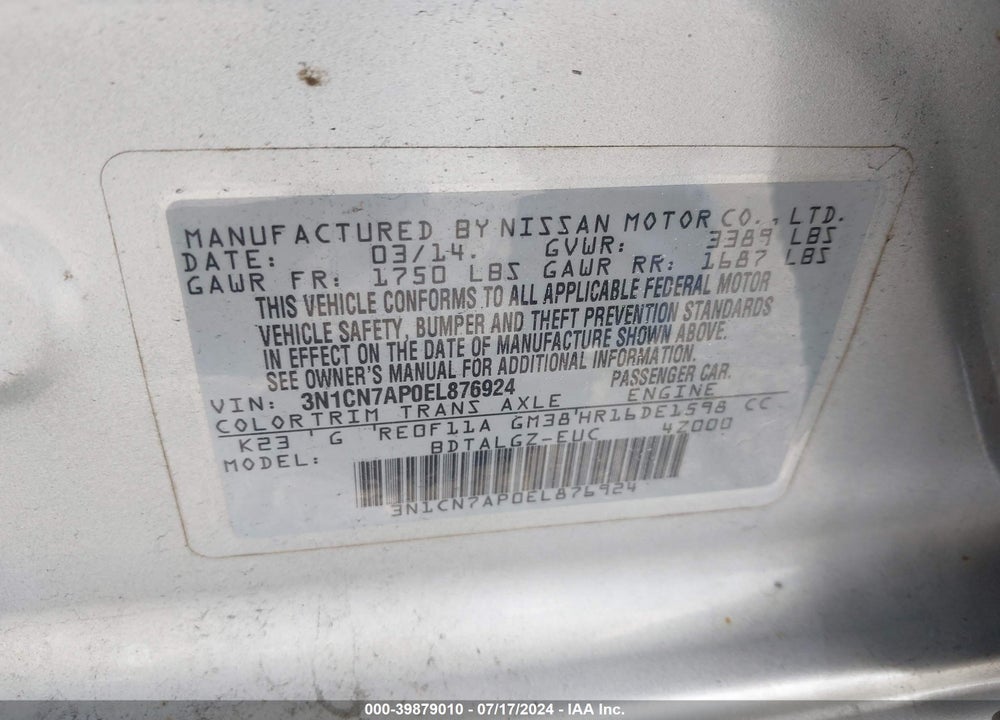 2014 NISSAN VERSA 1.6 SL VIN: 3N1CN7AP0EL876924