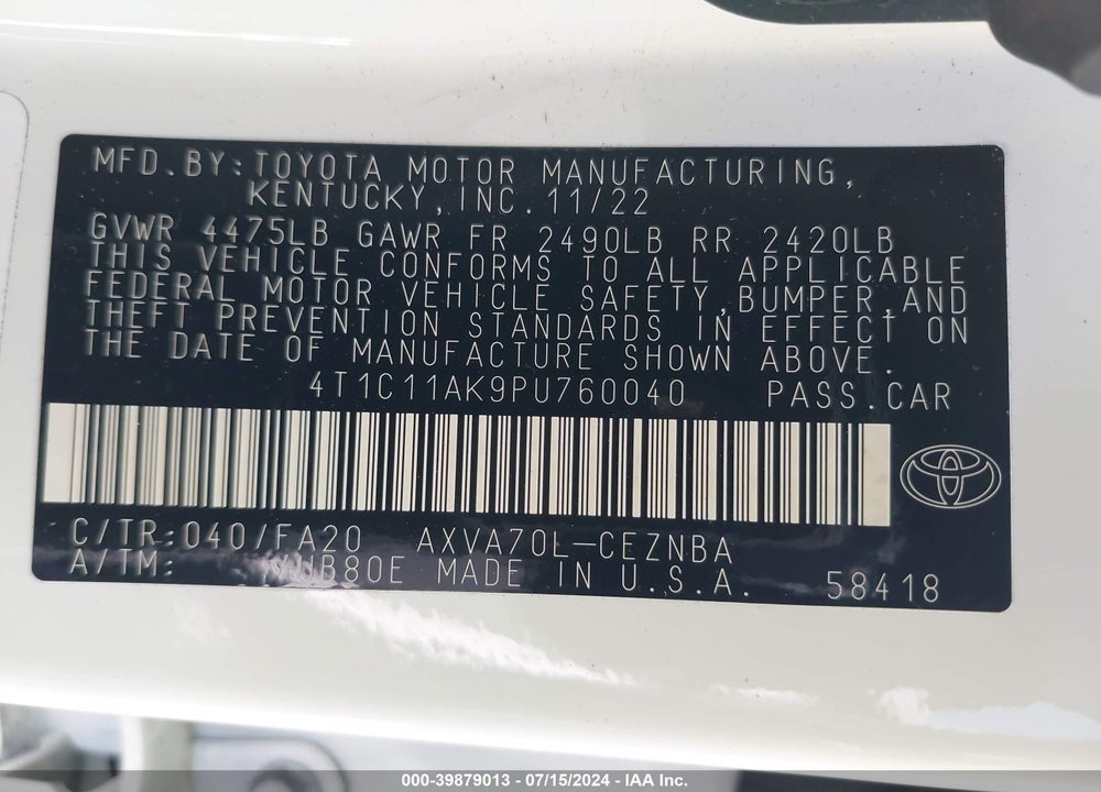 2023 TOYOTA CAMRY LE VIN: 4T1C11AK9PU760040
