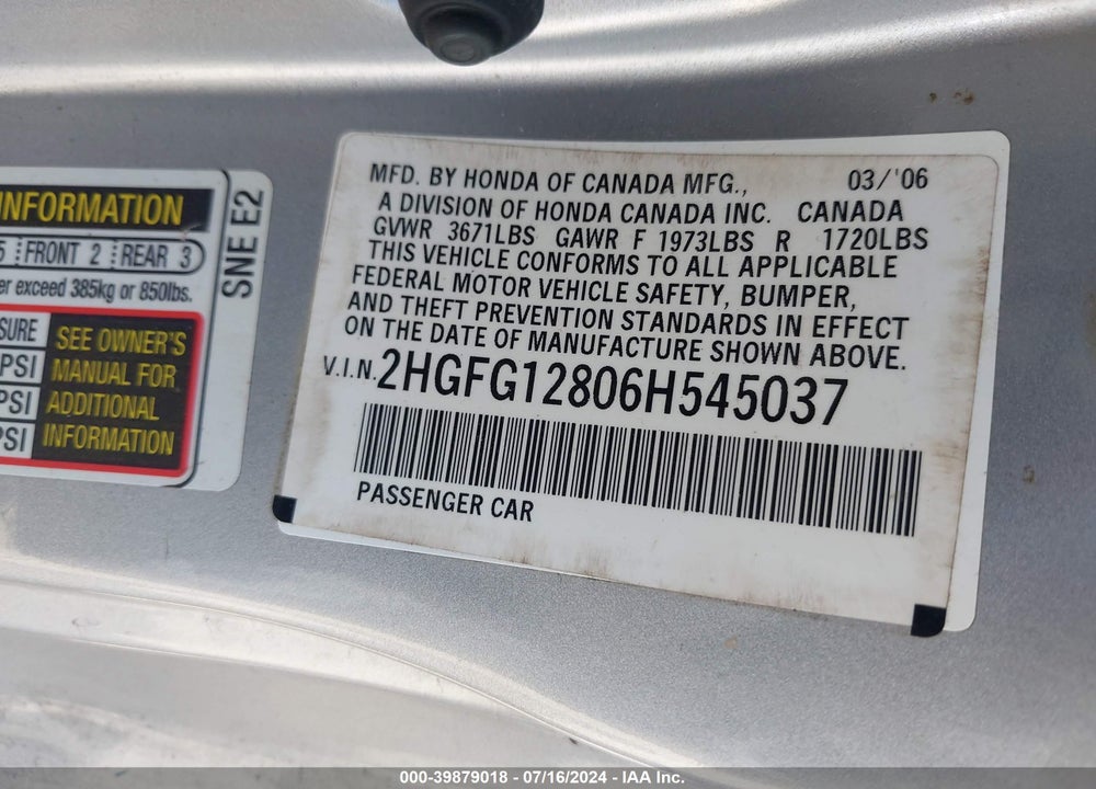 2006 HONDA CIVIC EX VIN: 2HGFG12806H545037