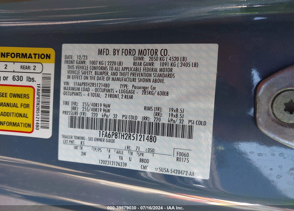2024 FORD MUSTANG ECOBOOST PREMIUM FASTBACK VIN: 1FA6P8TH2R5121480