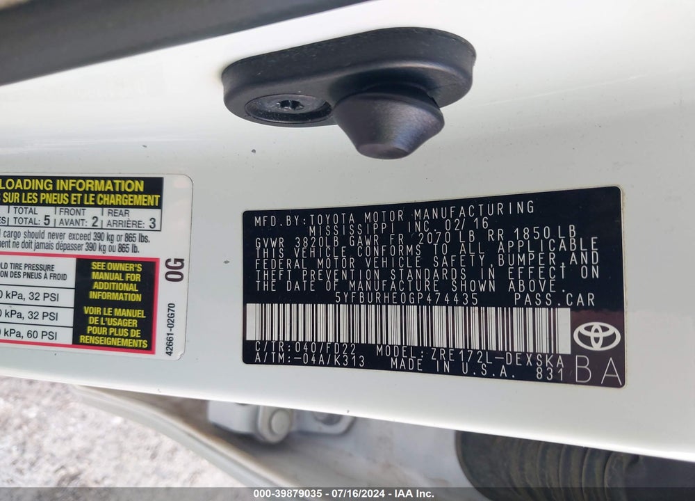 2016 TOYOTA COROLLA S VIN: 5YFBURHE0GP474435
