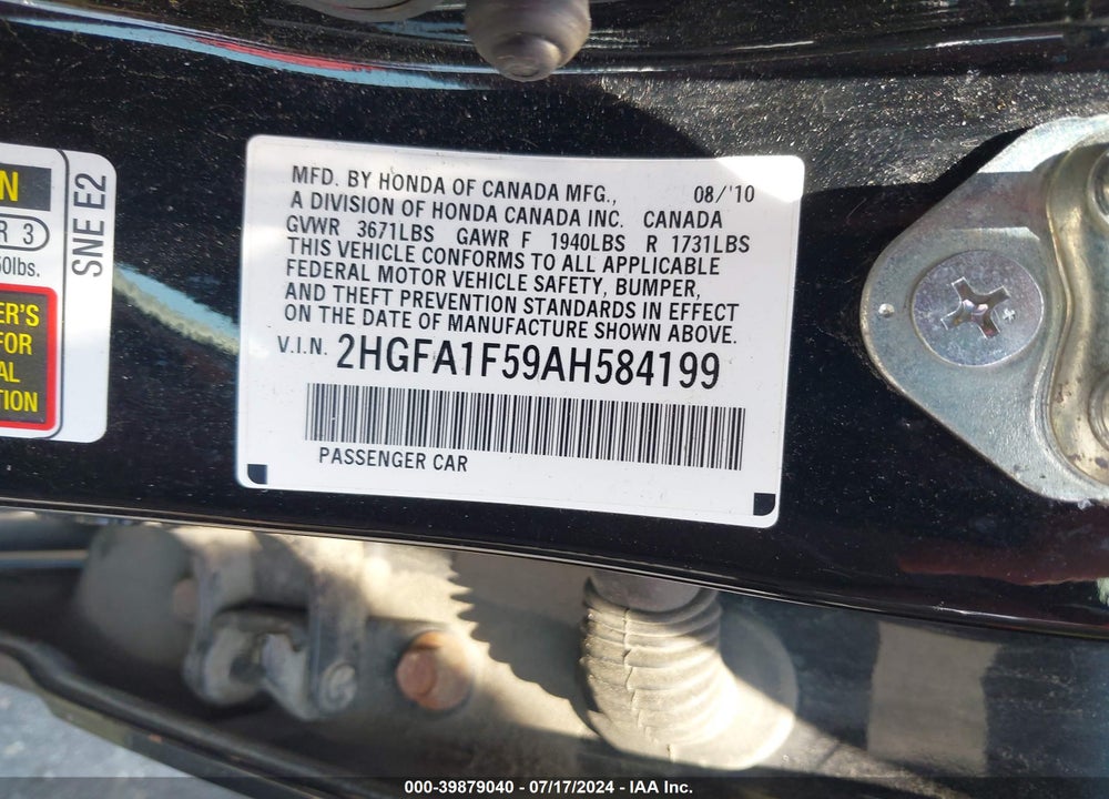 2010 HONDA CIVIC LX VIN: 2HGFA1F59AH584199
