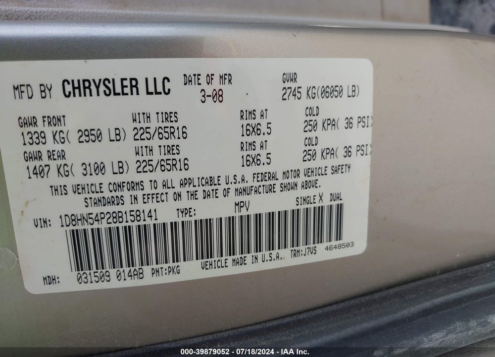 2008 DODGE GRAND CARAVAN SXT VIN: 1D8HN54P28B158141