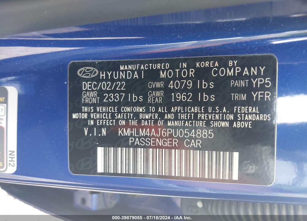 2023 HYUNDAI ELANTRA HYBRID BLUE VIN: KMHLM4AJ6PU054885