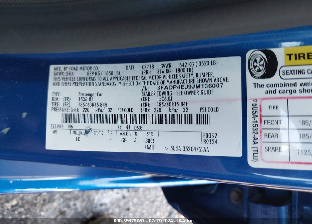 2018 FORD FIESTA SE VIN: 3FADP4EJ9JM136007