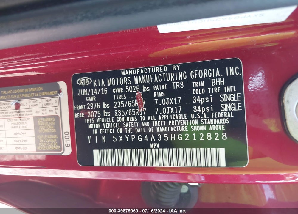 2017 KIA SORENTO VIN: 5XYPG4A35HG212828