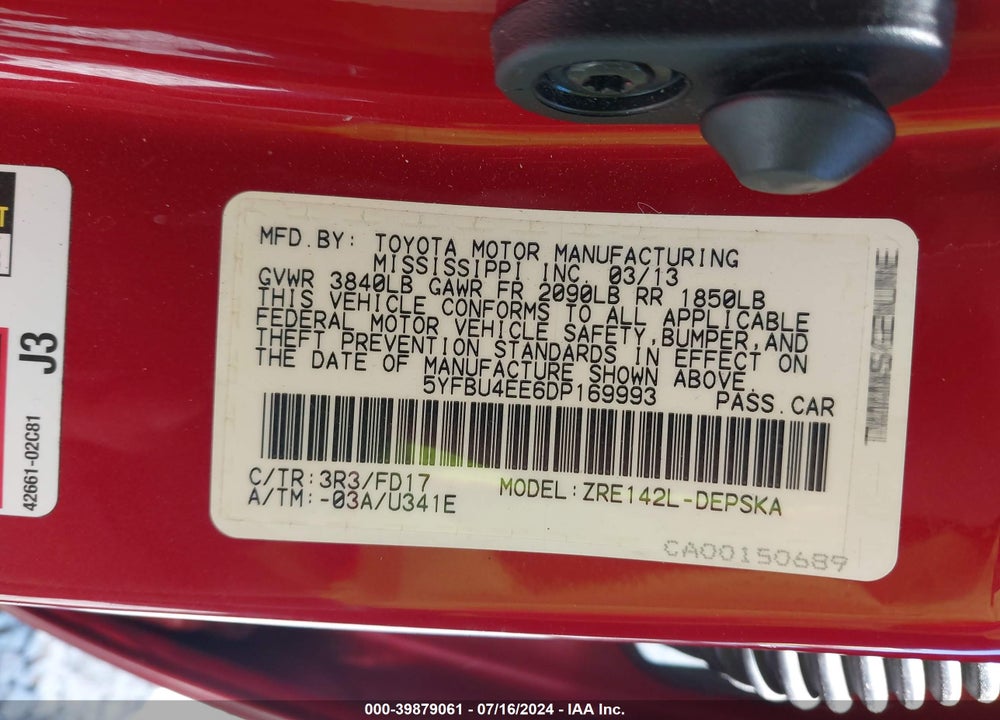 2013 TOYOTA COROLLA VIN: 5YFBU4EE6DP169993