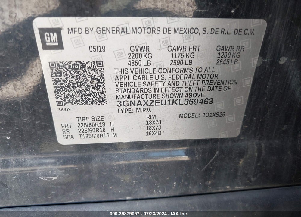 2019 CHEVROLET EQUINOX PREMIER VIN: 3GNAXZEU1KL369463