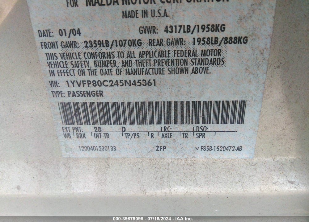 2004 MAZDA 6 I VIN: 1YVFP80C245N45361