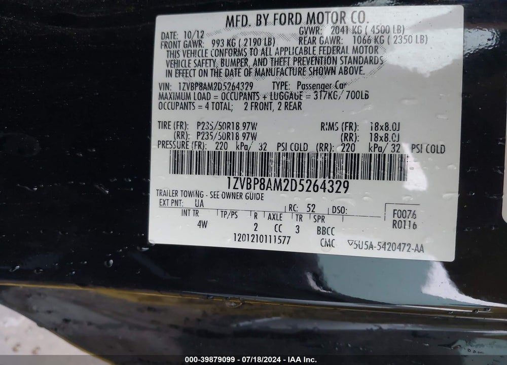 2013 FORD MUSTANG VIN: 1ZVBP8AM2D5264329