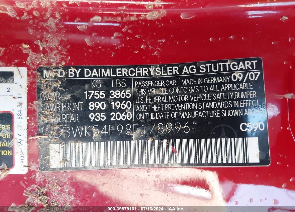2008 MERCEDES-BENZ SLK 280 VIN: WDBWK54F98F178996