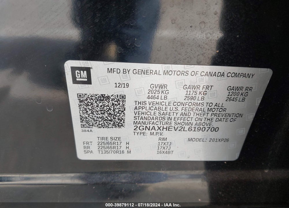 2020 CHEVROLET EQUINOX FWD LS VIN: 2GNAXHEV2L6190700