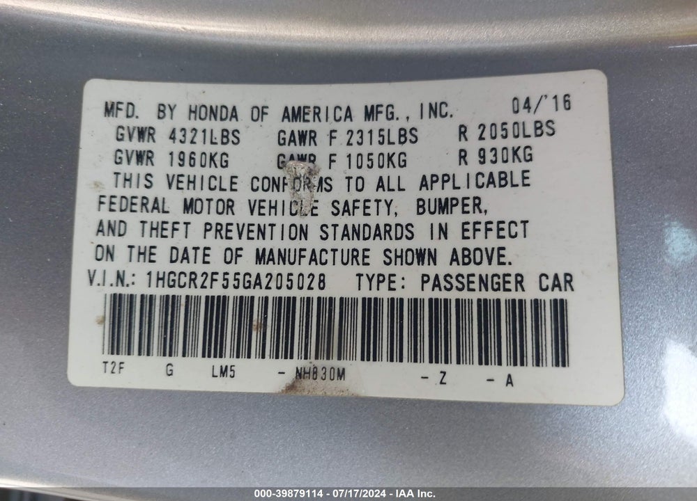 2016 HONDA ACCORD SPORT VIN: 1HGCR2F55GA205028