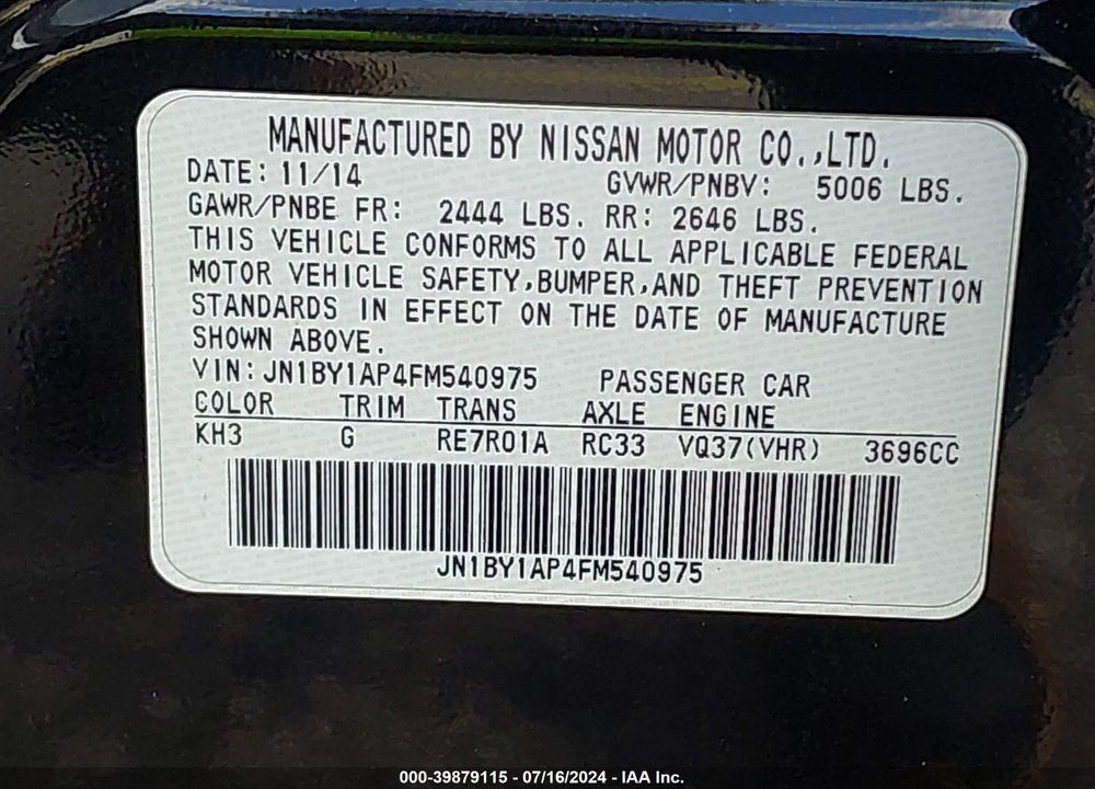 2015 INFINITI Q70 3.7 VIN: JN1BY1AP4FM540975