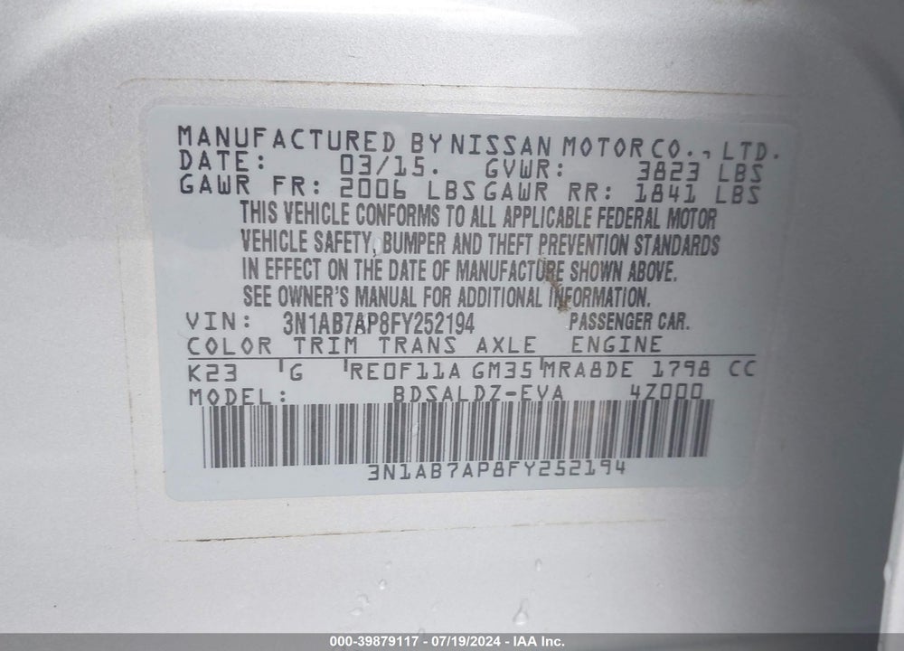 2015 NISSAN SENTRA VIN: 3N1AB7AP8FY252194