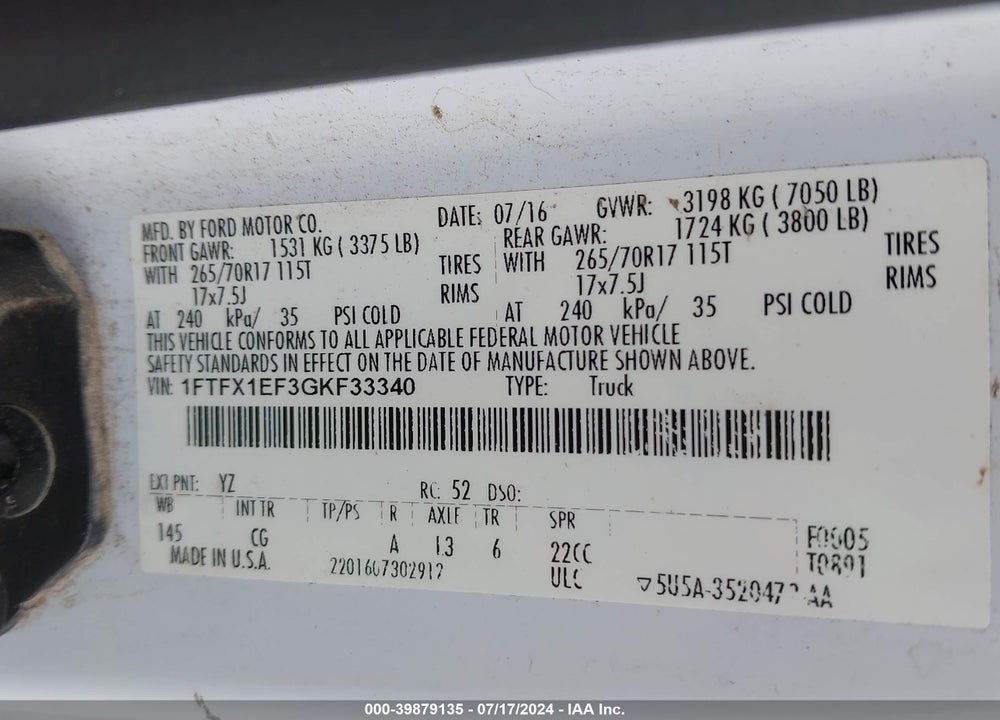 2016 FORD F-150 XL VIN: 1FTFX1EF3GKF33340