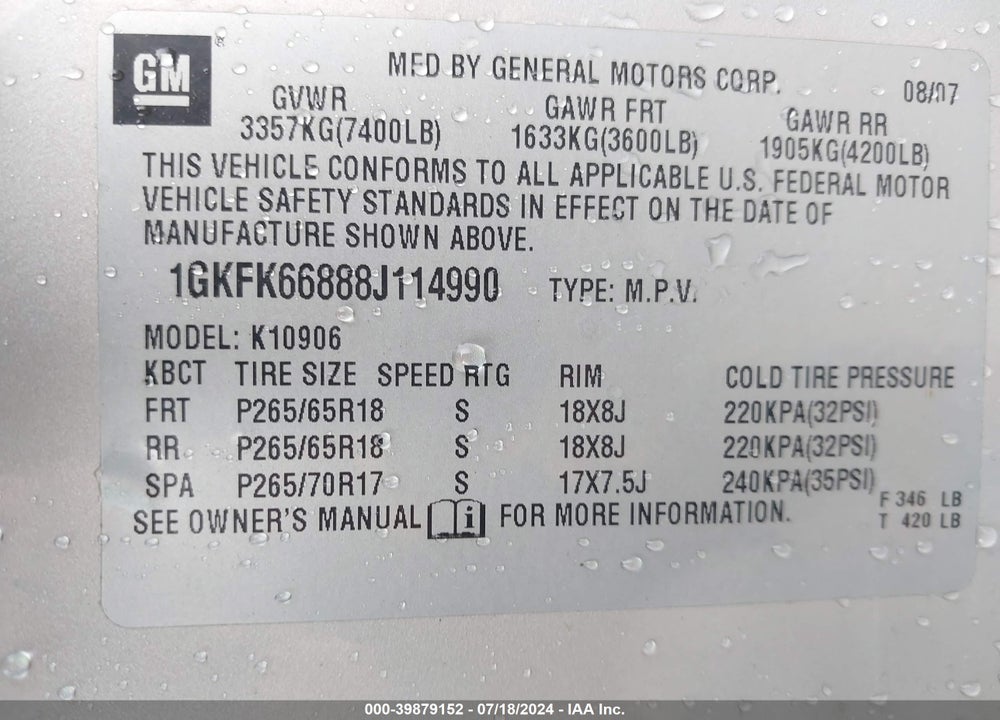 2008 GMC YUKON XL 1500 DENALI VIN: 1GKFK66888J114990