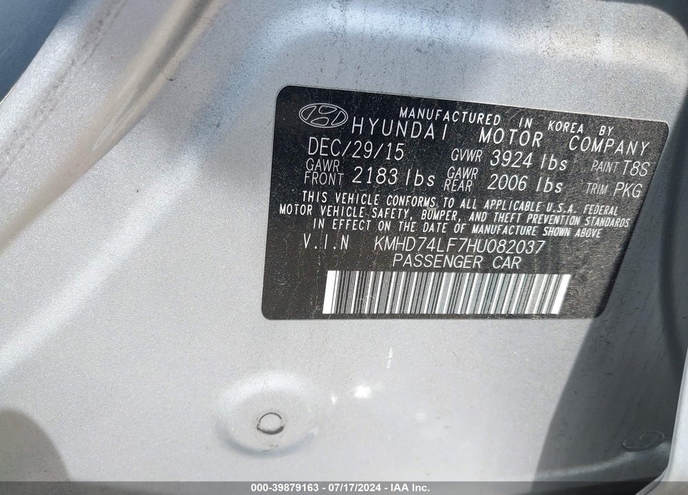 2017 HYUNDAI ELANTRA SE VIN: KMHD74LF7HU082037