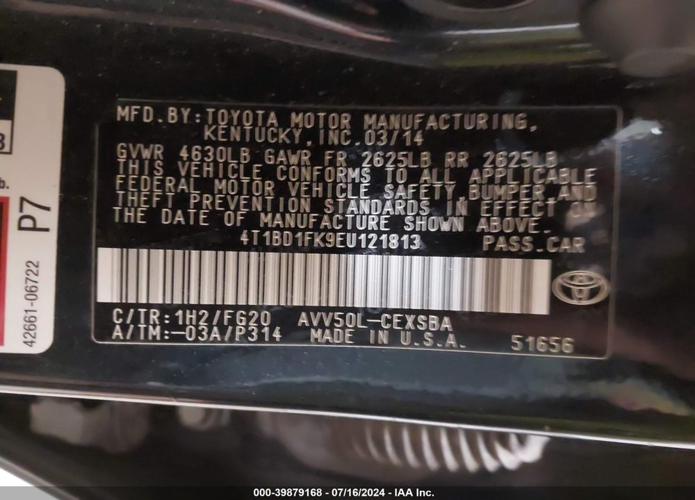 2014 TOYOTA CAMRY HYBRID SE LIMITED EDITION VIN: 4T1BD1FK9EU121813
