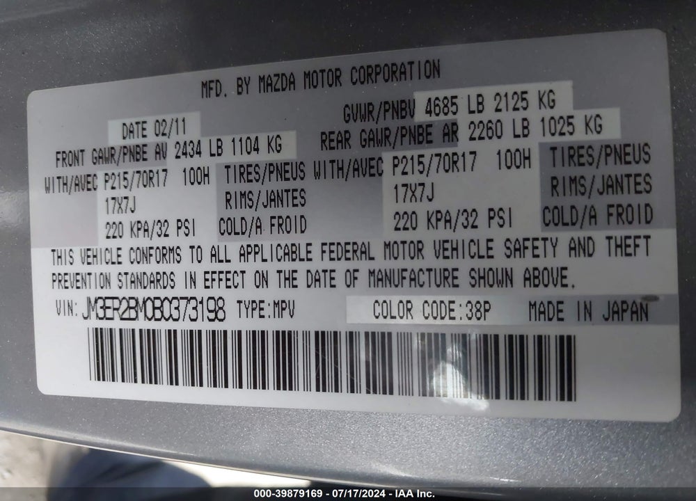 2011 MAZDA CX-7 I SPORT VIN: JM3ER2BM0B0373198
