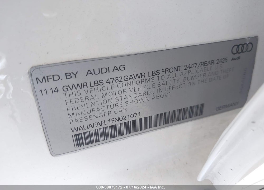 2015 AUDI A4 2.0T PREMIUM VIN: WAUAFAFL1FN021071