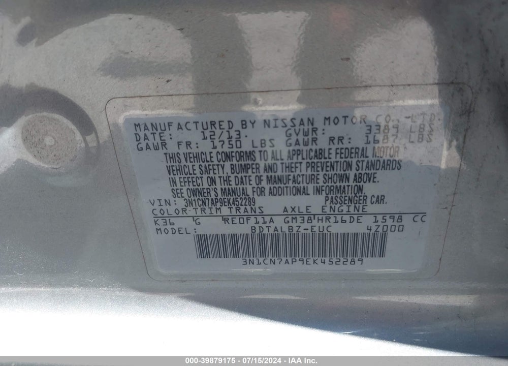 2014 NISSAN VERSA 1.6 SV VIN: 3N1CN7AP9EK452289