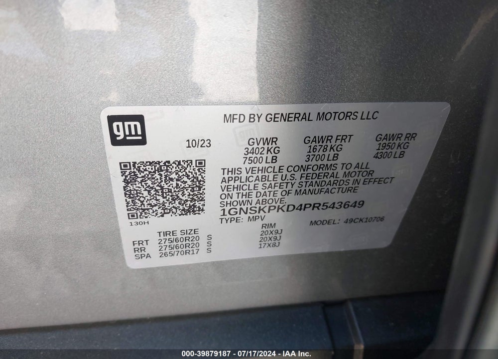 2023 CHEVROLET TAHOE 4WD Z71 VIN: 1GNSKPKD4PR543649