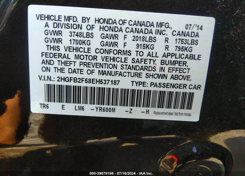 2014 HONDA CIVIC LX VIN: 2HGFB2F58EH537187