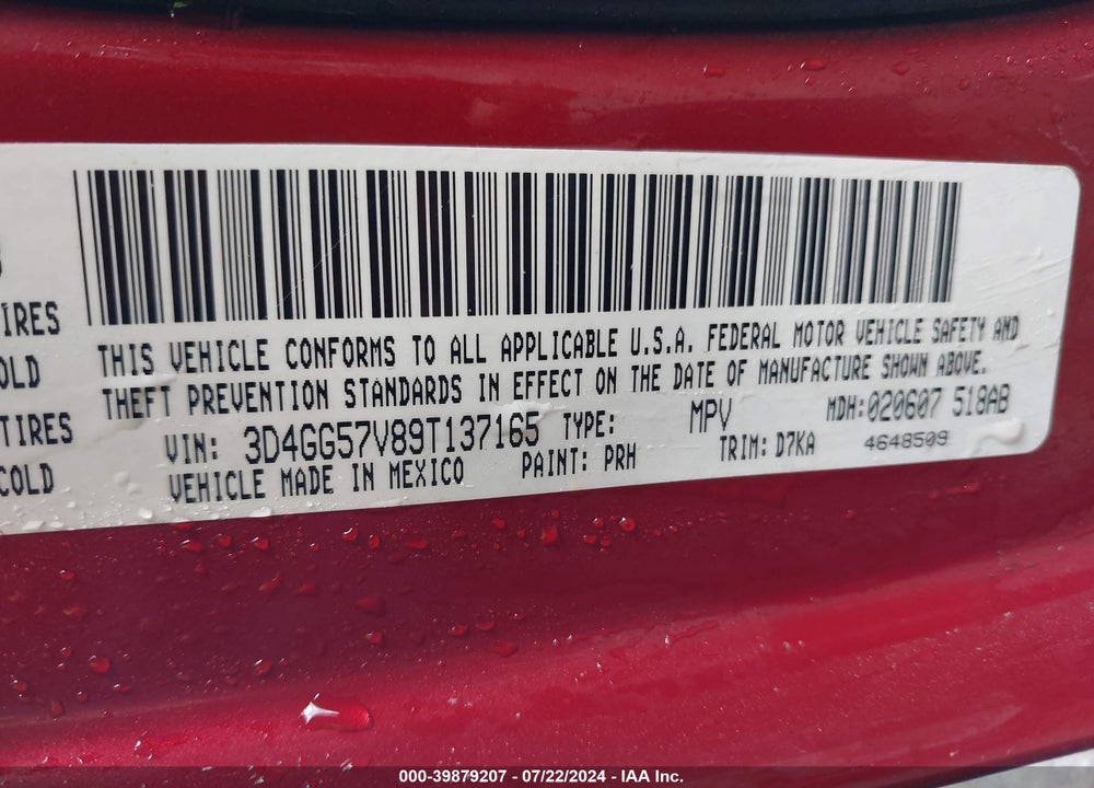 2009 DODGE JOURNEY SXT VIN: 3D4GG57V89T137165