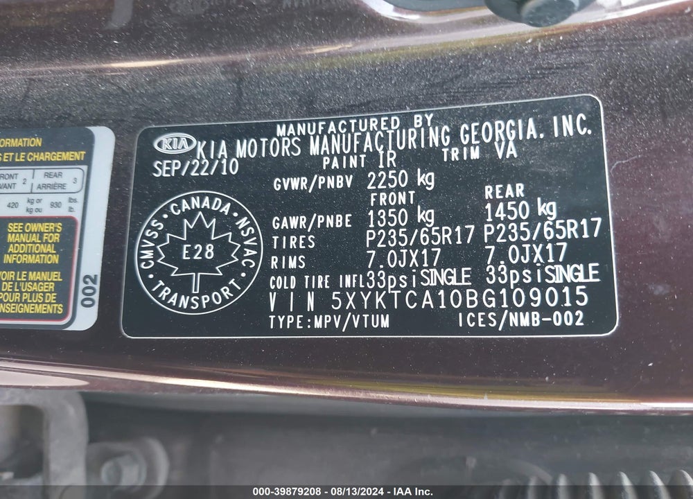 2011 KIA SORENTO LX VIN: 5XYKTCA10BG109015