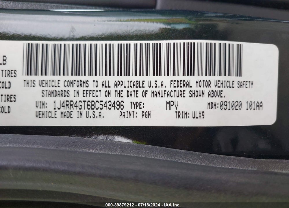 2011 JEEP GRAND CHEROKEE LAREDO VIN: 1J4RR4GT6BC543496