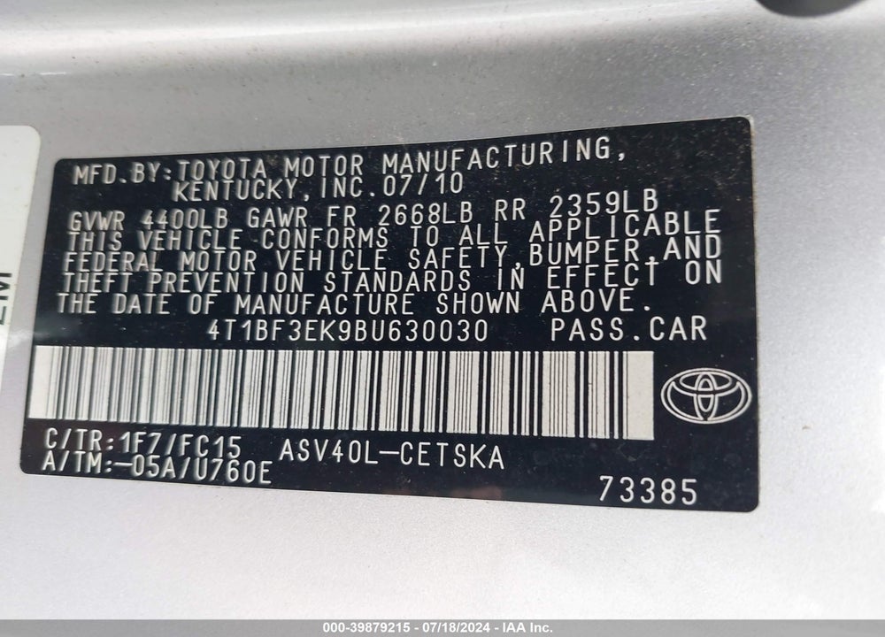 2011 TOYOTA CAMRY SE VIN: 4T1BF3EK9BU630030