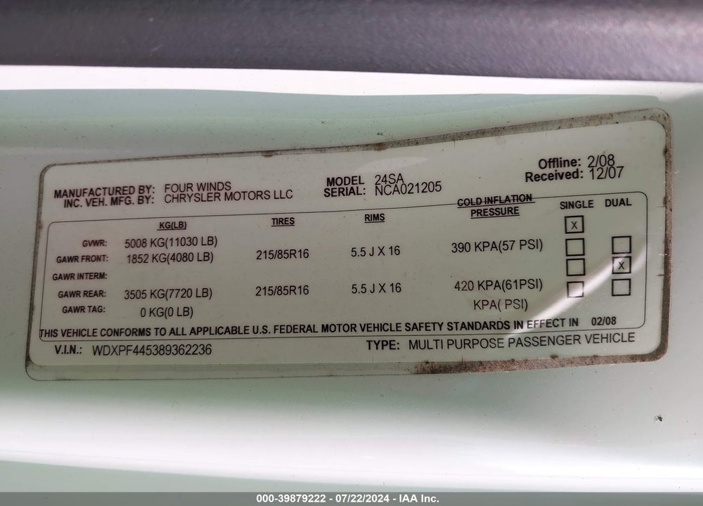 2008 DODGE SPRINTER 3500 VIN: WDXPF445389362236