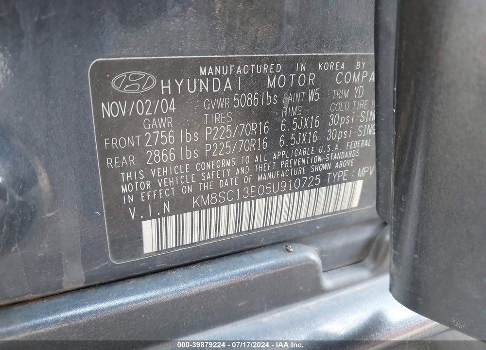 2005 HYUNDAI SANTA FE GLS/LX VIN: KM8SC13E05U910725