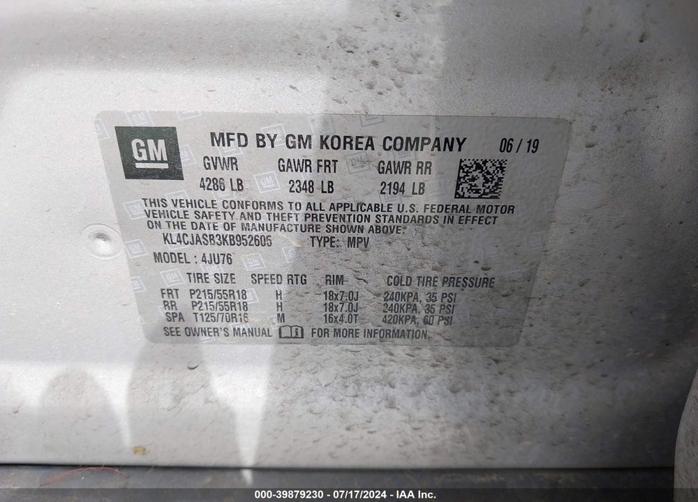 2019 BUICK ENCORE FWD PREFERRED VIN: KL4CJASB3KB952605