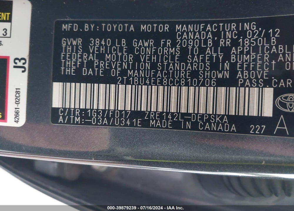 2012 TOYOTA COROLLA S VIN: 2T1BU4EE8CC810706