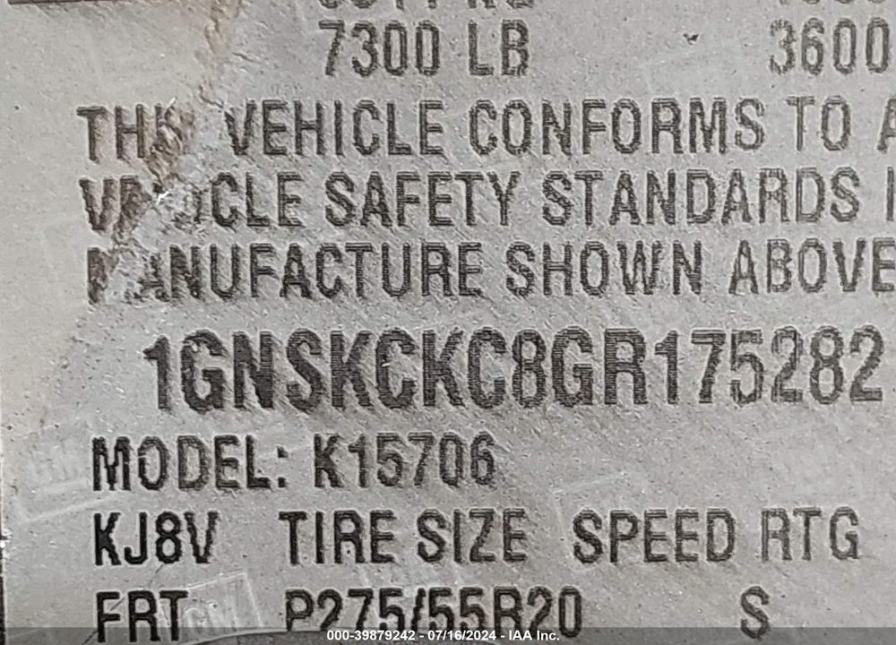 2016 CHEVROLET TAHOE LTZ VIN: 1GNSKCKC8GR175282
