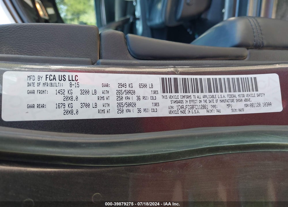 2015 JEEP GRAND CHEROKEE HIGH ALTITUDE VIN: 1C4RJFCG8FC112861