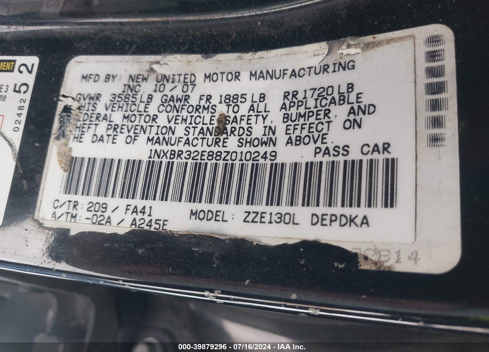 2008 TOYOTA COROLLA CE VIN: 1NXBR32E88Z010249