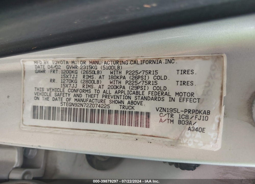 2002 TOYOTA TACOMA PRERUNNER V6 VIN: 5TEGN92N72Z074225
