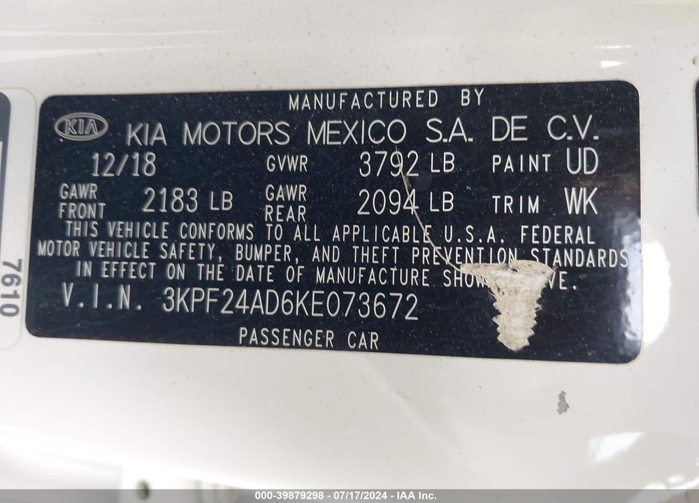 2019 KIA FORTE LXS VIN: 3KPF24AD6KE073672