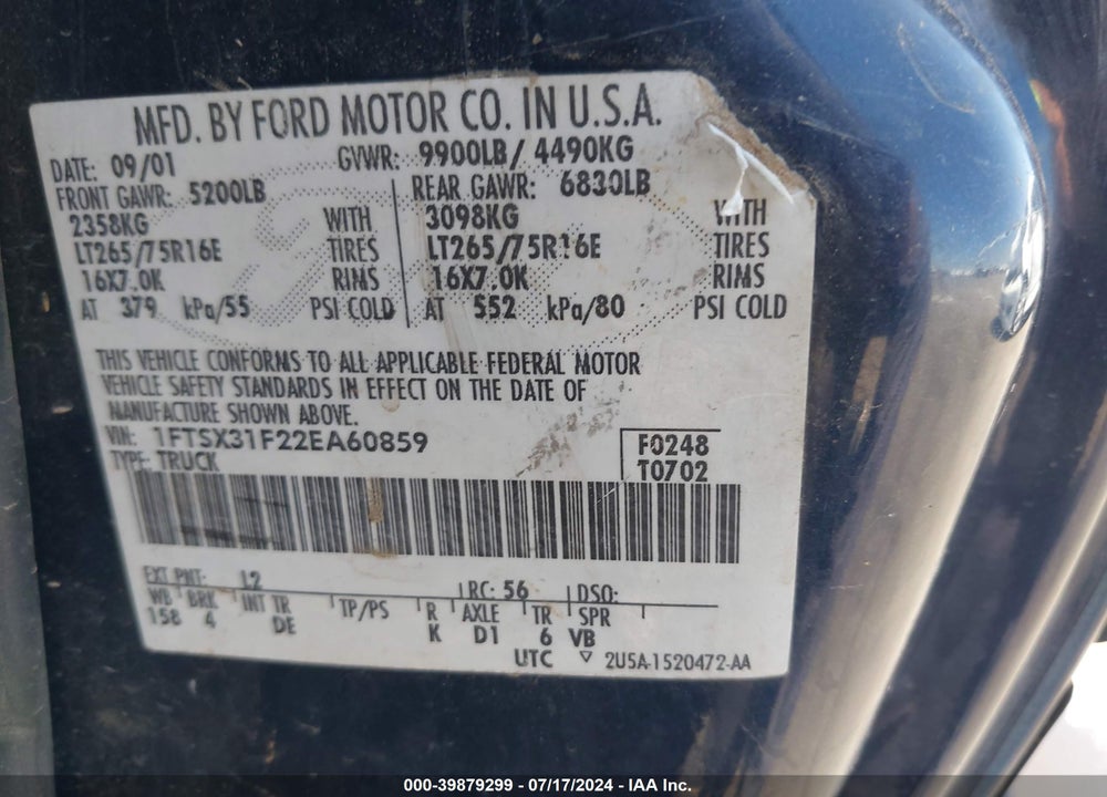 2002 FORD F-350 LARIAT/XL/XLT VIN: 1FTSX31F22EA60859