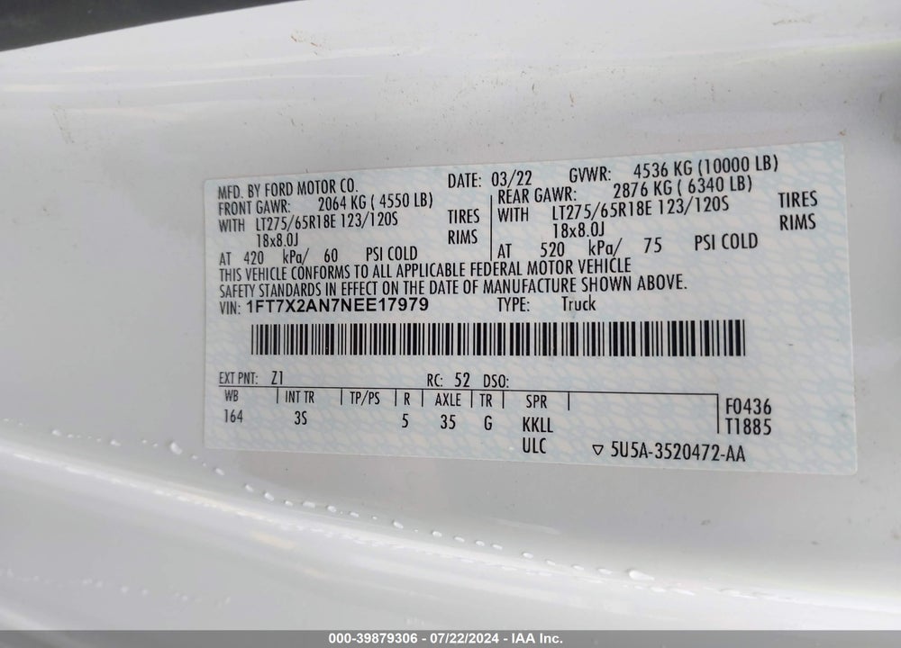 2022 FORD SUPER DUTY F-250 SRW XLT VIN: 1FT7X2AN7NEE17979