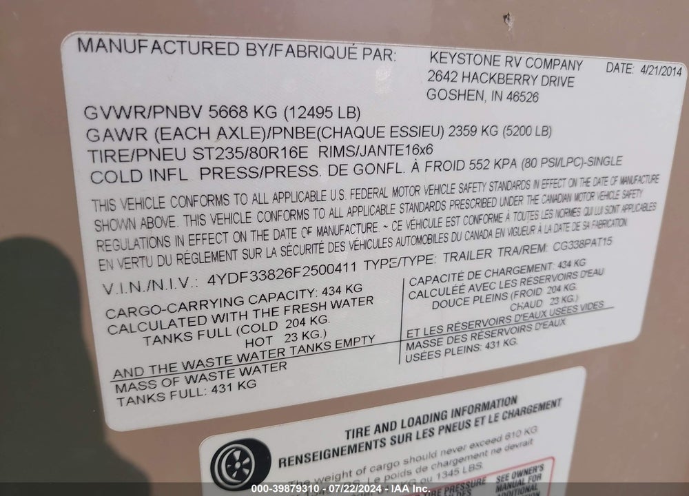 2015 KEYSTONE OTHER VIN: 4YDF33826F2500411