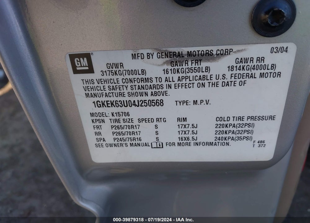 2004 GMC YUKON DENALI VIN: 1GKEK63U04J250568