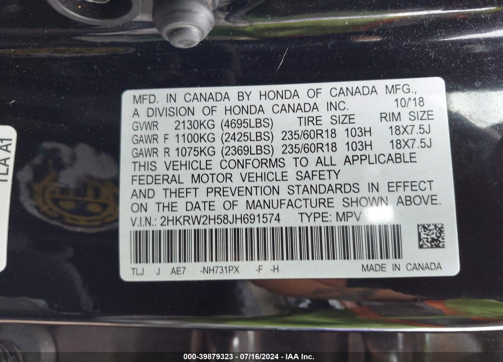 2018 HONDA CR-V EX VIN: 2HKRW2H58JH691574